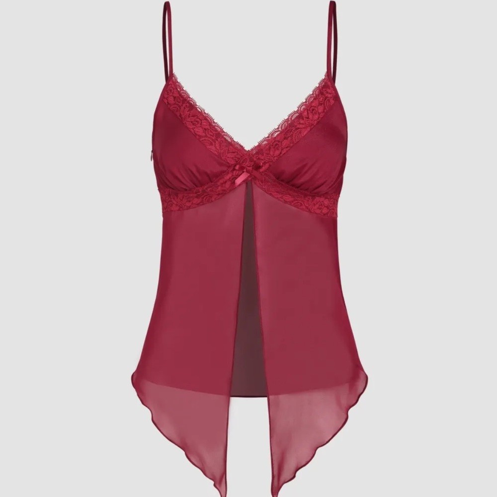 Cider L Red Sheer Lace Trim Cami Top